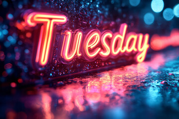 Aufkleber - The word Tuesday in neon, spinning and glowing with energy against a black background, leaving vibrant trails,