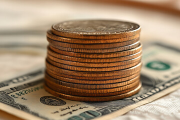 Aufkleber - A stack of coins and dollar bills, isolated on a pastel beige background, symbolizing investment and returns,