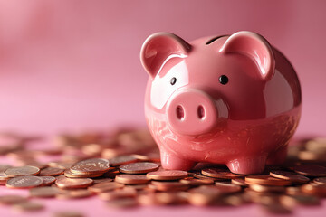 Poster - A piggy bank overflowing with coins, isolated on a soft pastel pink background, symbolizing savings and financial security,