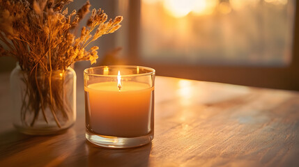 Wall Mural - A single lit candle in a glass holder, casting a warm glow on a softly lit table with dried plants in the background.