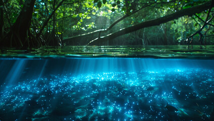 A hidden lagoon with bioluminescent water and strange aquatic creatures