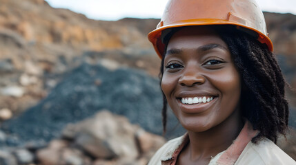 Wall Mural - A smiling African-American woman is a miner in a hard hat, a worker in the coal mining industry.