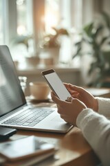 Canvas Print - a person using a smartphone while sitting at a desk with a laptop