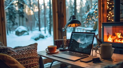 Wall Mural - A cozy remote work setup with a laptop, a comfortable chair, personal items, and a view snow of the outdoors. Generative AI.