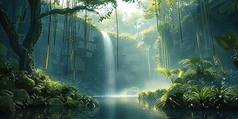 Poster - Primeval forest, green vines, a waterfall in the distance. Generative AI.