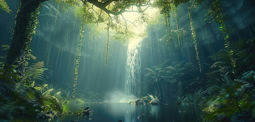 Poster - Primeval forest, green vines, a waterfall in the distance. Generative AI.