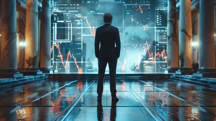 Wall Mural - Virtual economic summit with animated growth charts. businessman. Generative AI.