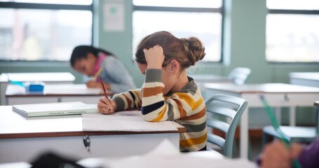 Aufkleber - Girl, thinking and classroom for education at school with learning, knowledge and answers for information of exam. Student, brainstorming and writing for lesson, assessment and creative for future