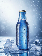 Sticker - cold beverage bottle with droplets, standing amidst melting ice