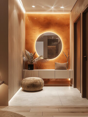 Wall Mural - Interior design, entryway, entrance door, apartment, terracotta ottoman, illuminated mirror, modern style. Generative AI.