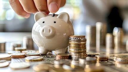 A person is putting coins into a piggy bank