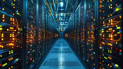 Poster - A network server room filled with rows of servers and intricate cable management glowing in dim light. Generative AI.