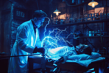 It's Alive as the Scientist Shocks Frankenstein's Monster Back to Life in a Dark Halloween Laboratory