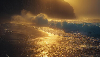 Wall Mural - A mystical beach where the waves are made of shimmering light