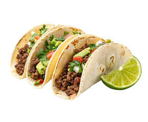 Wall Mural - Three beef tacos isolated on white background. PNG transparent.