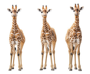 Three giraffes isolated on white background. PNG transparent.