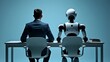 © Din Nasahrudin - Rearview of the businessman in an elegant suit sitting in a chair next to the white robot cyborg in a studio. AI or artificial intelligence vs people, employment concept,working on a laptop