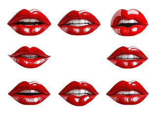 Red lipstick lips in various poses isolated on white background.. PNG transparent.