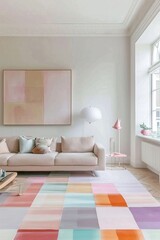 Poster - Pastel check pattern rug furniture room.