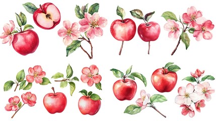 Canvas Print - Watercolor painting of red apples, pink flowers, and green leaves on a white background.