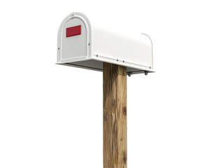 White mailbox on wooden post isolated on white background. PNG transparent.