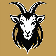 Unique vector illustration of a goat head with large horns, a mountain goat logo design, and a goat animal logo icon.