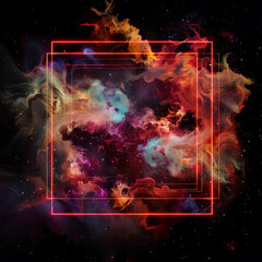 Wall Mural - spectacular cosmic cloud explosion within transparent square with black background. colorful nebula 