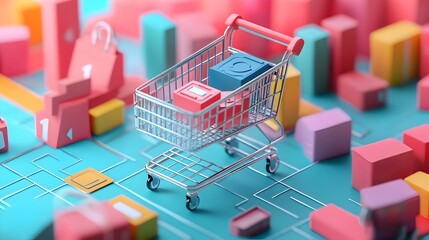 Poster - 3D Rendered Ecommerce Sales Analysis with Digital Cart and Metrics Display