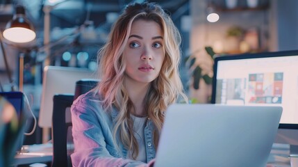 Caucasian woman with blonde hair working on laptop in dimly lit office Professional attire Focused expression Modern workplace setting Technology use