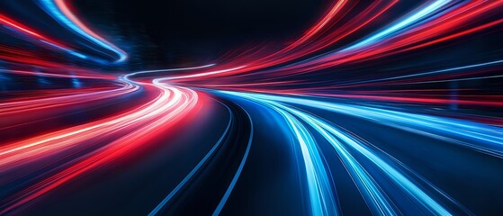 Poster - Abstract Light Trails of Red and Blue Streaks, Moving Fast Through the Night, Digital Art, Futuristic and Modern