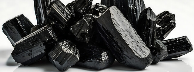 Wall Mural - Abstract Illustration of a Cluster of Raw Black Tourmaline Crystals, Symbolizing Protection and Grounding, with Copy Space on a White Background