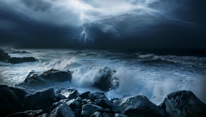 storm at sea stormy sea with rocks at night background of the sea