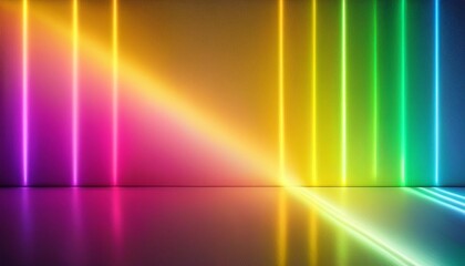 Wall Mural - neon light background rainbow color disco party festive art surface colorful pink yellow green blur glowing rays overlay on neutral wall