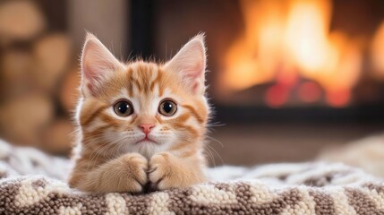 Wall Mural - A small orange kitten laying on a blanket in front of the fire, AI