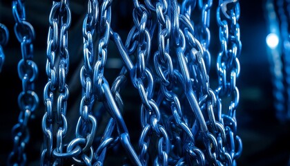 Canvas Print - several blue chains are draped over a dark background creating a sense of mystery and intrigue the chains are illuminated by an unseen light source highlighting their metallic texture