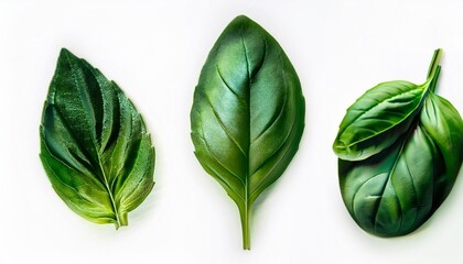 Wall Mural - a close up photo of three different types of herb leaves basil spinach and mint the basil leaves are large and green the spinach leaves are crinkled and dark green and the mint leaves are small