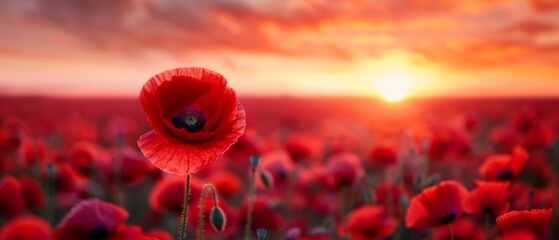  A field filled with red flowers amidst a sunset in the mid-afternoon sky