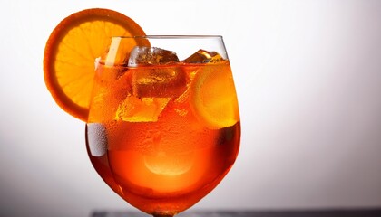 a glass with bright orange liquid ice and a slice of orange spritz aperol cocktail