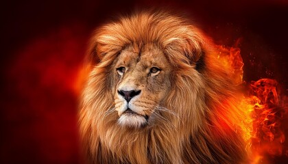 Wall Mural - fire lion digital drawing of a fiery lion on a dark red background