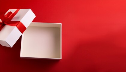 Sticker - empty open white gift box with red ribbon on red background copy space