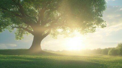 Wall Mural - a tree is in the foreground of a grassy field