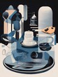© xKas - A minimal and strange illustration of a surreal food platter with abstract dishes, with a color scheme of deep blacks, grays, and blues, using risograph