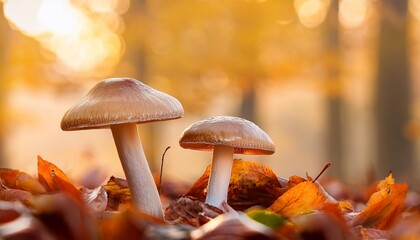 two mushrooms emerge among fallen leaves in the warm glow of an autumn forest