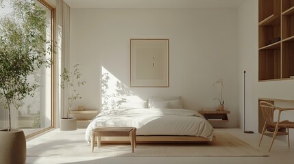 A minimalist Nordic-style bedroom with a clean, modern design, surrounded by natural light and neutral tones.