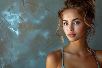 Portrait of a young woman with blue eyes and freckles, standing against a textured blue background. She has light brown hair tied up and is wearing a casual top.