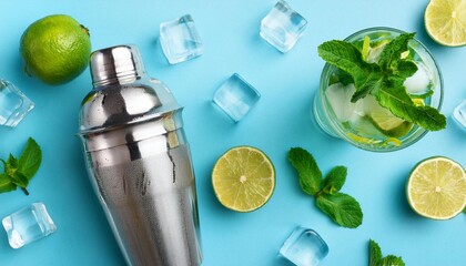 mojito cocktail overhead panorama summer cold drink with lime fresh mint and ice cool beverage on a blue background a flat lay shot with a shaker