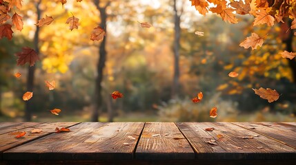 Empty wooden tabletop podium in open garden forest, blurred background of autumn plants. Leaves falling in autumn season background.