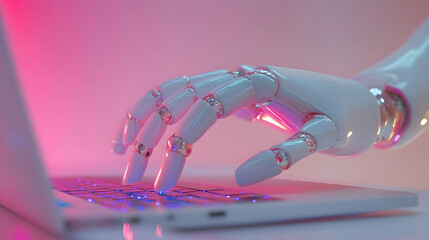 Poster - A futuristic robotic hand interacts with a laptop, showcasing technology and innovation in artificial intelligence.