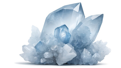 Poster - Illustration of a Large Celestite Crystal, Displaying Soft Blue Hues, Symbolizing Inner Peace and Connection to Higher Realms, with Copy Space on a White Background