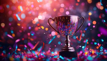 A shiny trophy stands proudly amidst vibrant confetti and colorful lights, celebrating victory and achievement.